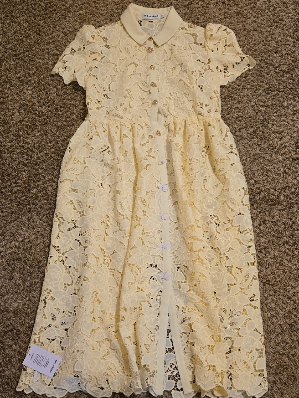 Self-Portrait Pale Yellow Lace Button-Front Dress